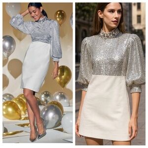 New!! BOSTON PROPER Silver & White Sequined Sheath Cocktail Dress